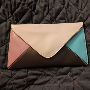Clarins Envelope Clutch Purse Faux Leather Snap Closure Pink+White+Blue+Black